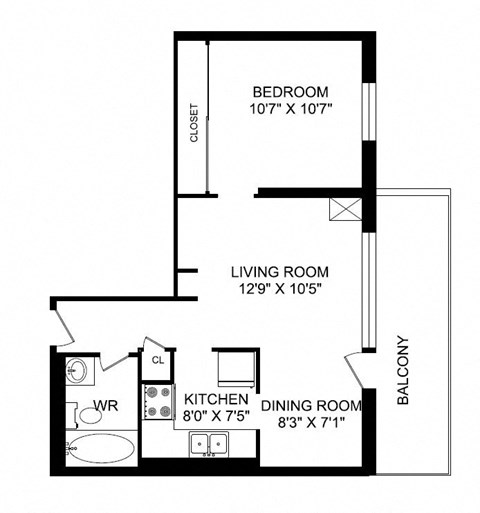 Floor plan for 1 bed, 1 bath, 518 sqft